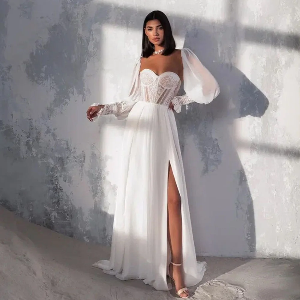 Bohemian Wedding Dress Lace Slit Applique Fluffy Sleeve Square Neck Sexy Heart-shaped A-line Bridal Dress Lace Bridal Dress
Bohemian Wedding Dress Lace Slit Applique Fluffy Sleeve Square Neck Sexy Heart-shaped A-line Bridal Dress Lace Bridal Dress