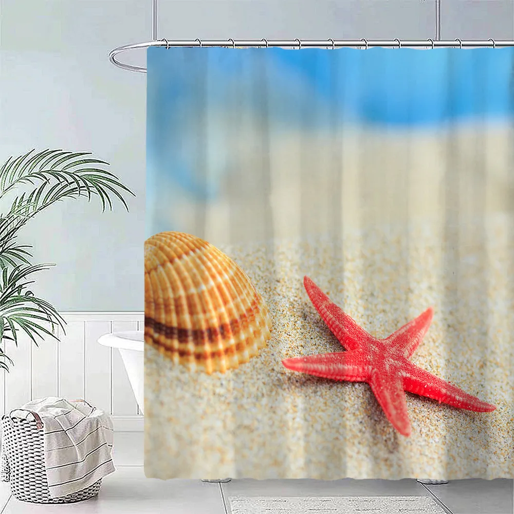 

Beach Seascape Shower Curtain Conch Seashell Starfish Blue Sky Tropical Ocean Bath Curtains Bathroom Waterproof with Hooks Decor