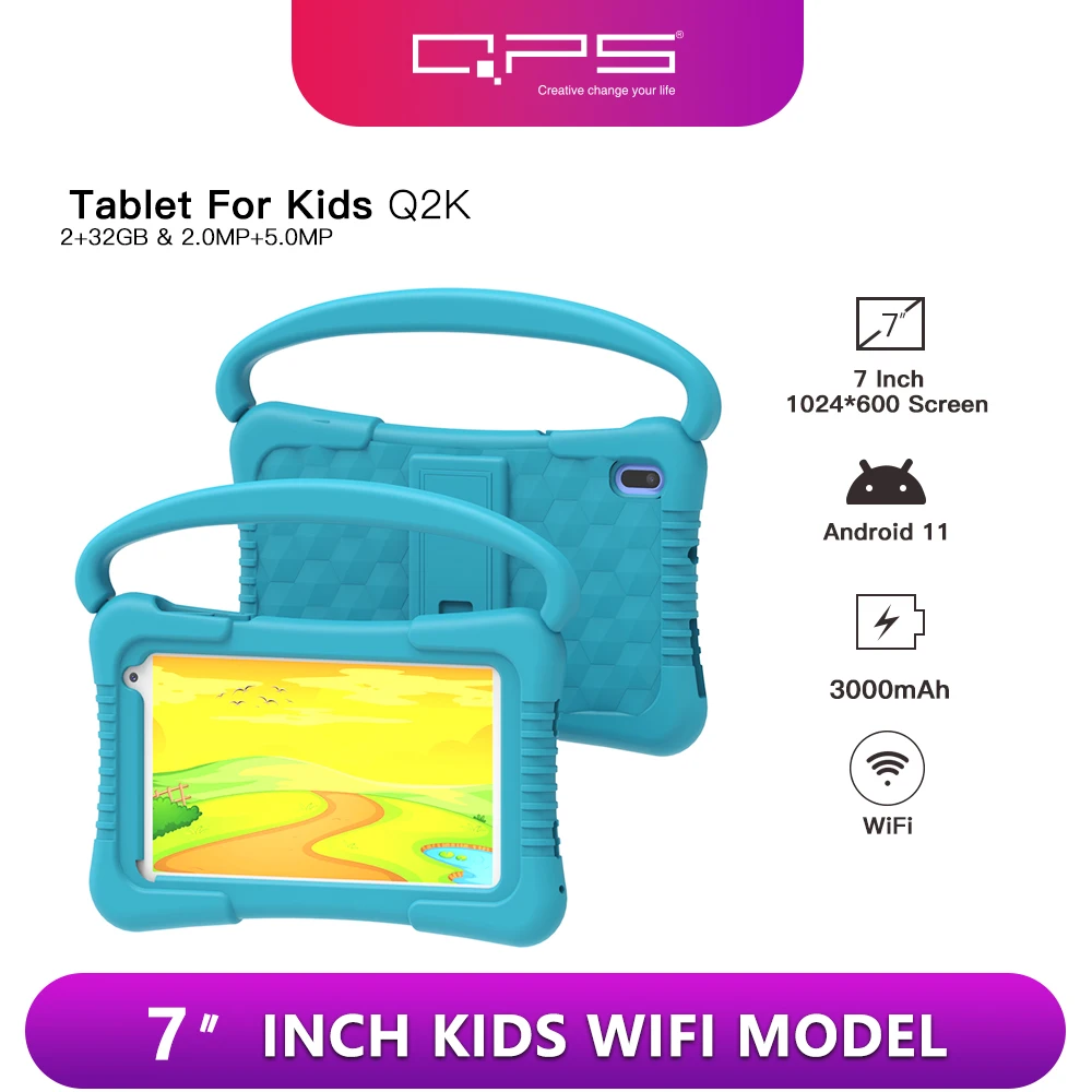 

QPS Q2K Android Kid Tablet 7 inch 2GB RAM 32GB Rom 3000mAh Children's educational learning tablet With Silicone Tablet Case