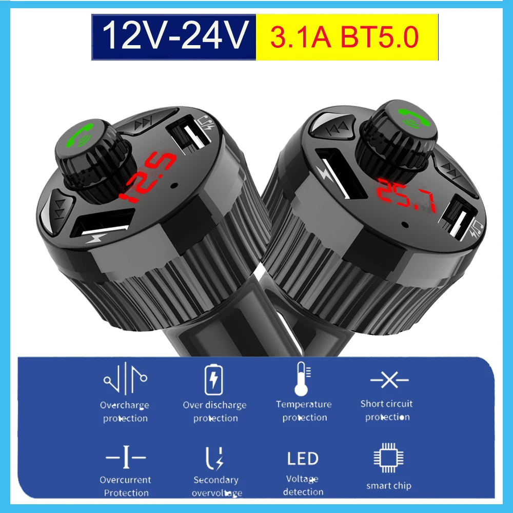 

12V/24V Voltage Detection FM Transmitter 5V 3.1A Bluetooth 5.0 Handsfree MP3 Audio Music Player Dual USB Radio Modulator Car Kit