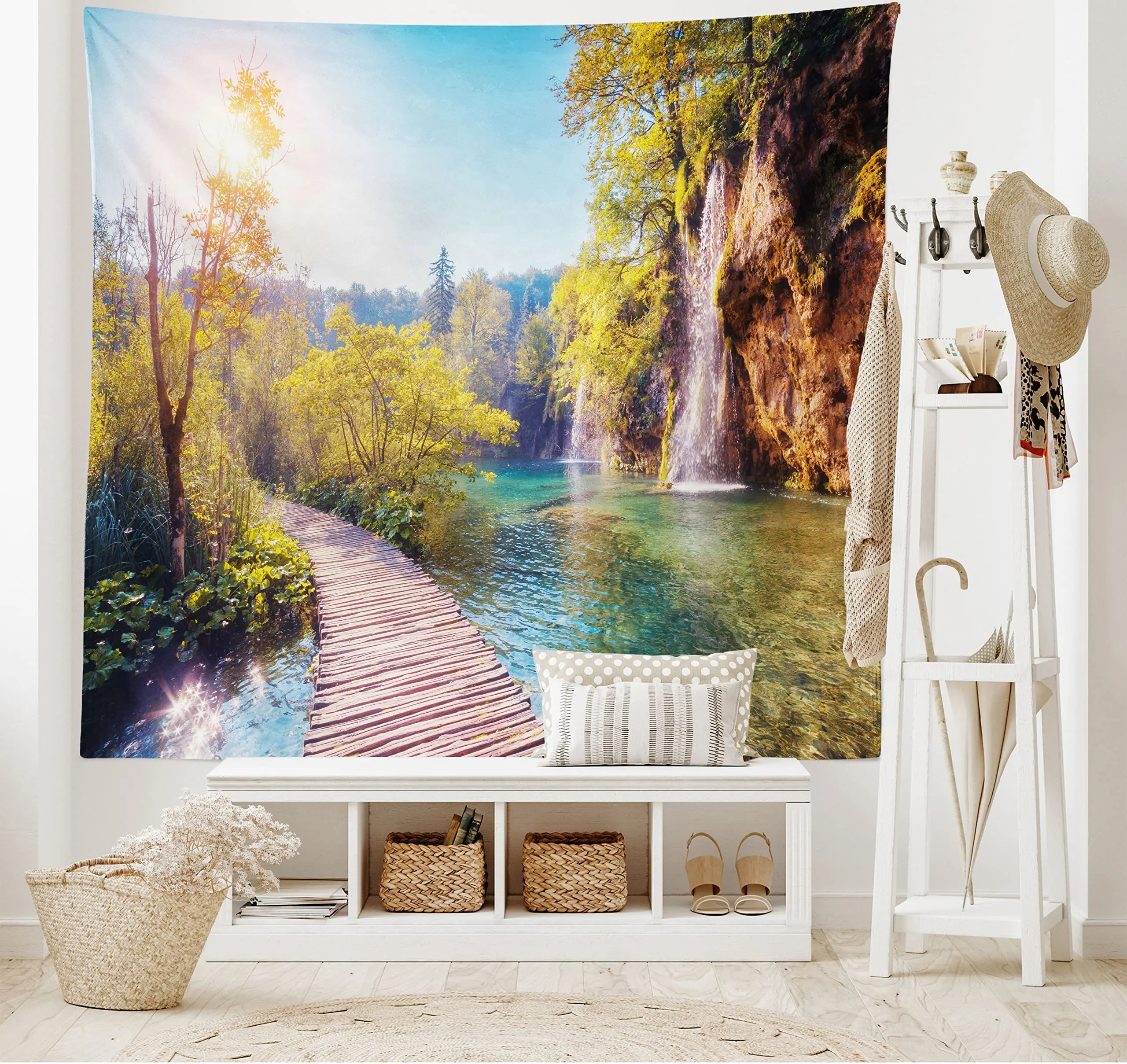 

Green Nature Tapestry Rainforest Landscape Tapestry River Wooden Bridge Scene Wall Hanging Art Tapestry for Bedroom Living Room