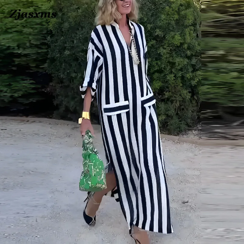 2023 Autumn 3/4 Sleeve Maxi Dress Female Casual V Neck Streetwear Pockets Dress Fashion Women Striped With Side Slit Party Dress 
2023 Autumn 3/4 Sleeve Maxi Dress Female Casual V Neck Streetwear Pockets Dress Fashion Women Striped With Side Slit Party Dress