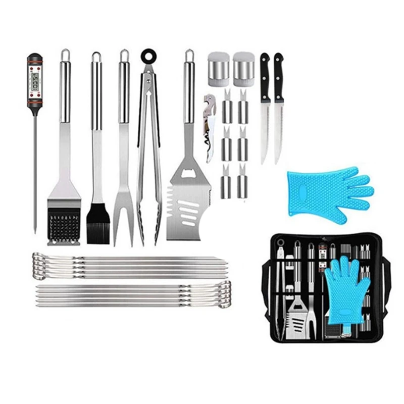 32Pcs Stainless Steel BBQ Tools Set Spatula Fork Tongs Knife Brush Skewers Barbecue Grilling Utensil Camping
32Pcs Stainless Steel BBQ Tools Set Spatula Fork Tongs Knife Brush Skewers Barbecue Grilling Utensil Camping
