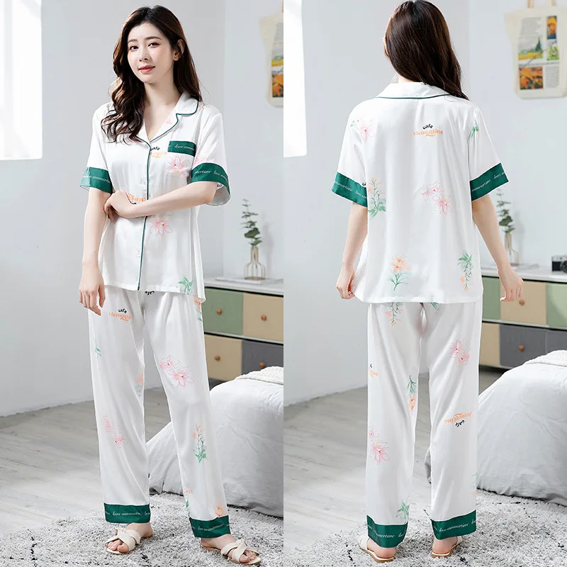 Short-sleeved Silk Pajamas Set for Women Summer Cool White Color Floral Printing Trousers Suit Pajamas for Women Satin Clothes
Short-sleeved Silk Pajamas Set for Women Summer Cool White Color Floral Printing Trousers Suit Pajamas for Women Satin Clothes