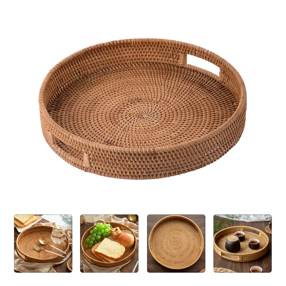 

Tray Basket Fruit Serving Woven Rattan Baskets Round Bread Decorative Storage Platters Breakfast Cutlery Books Hand Dried Towel