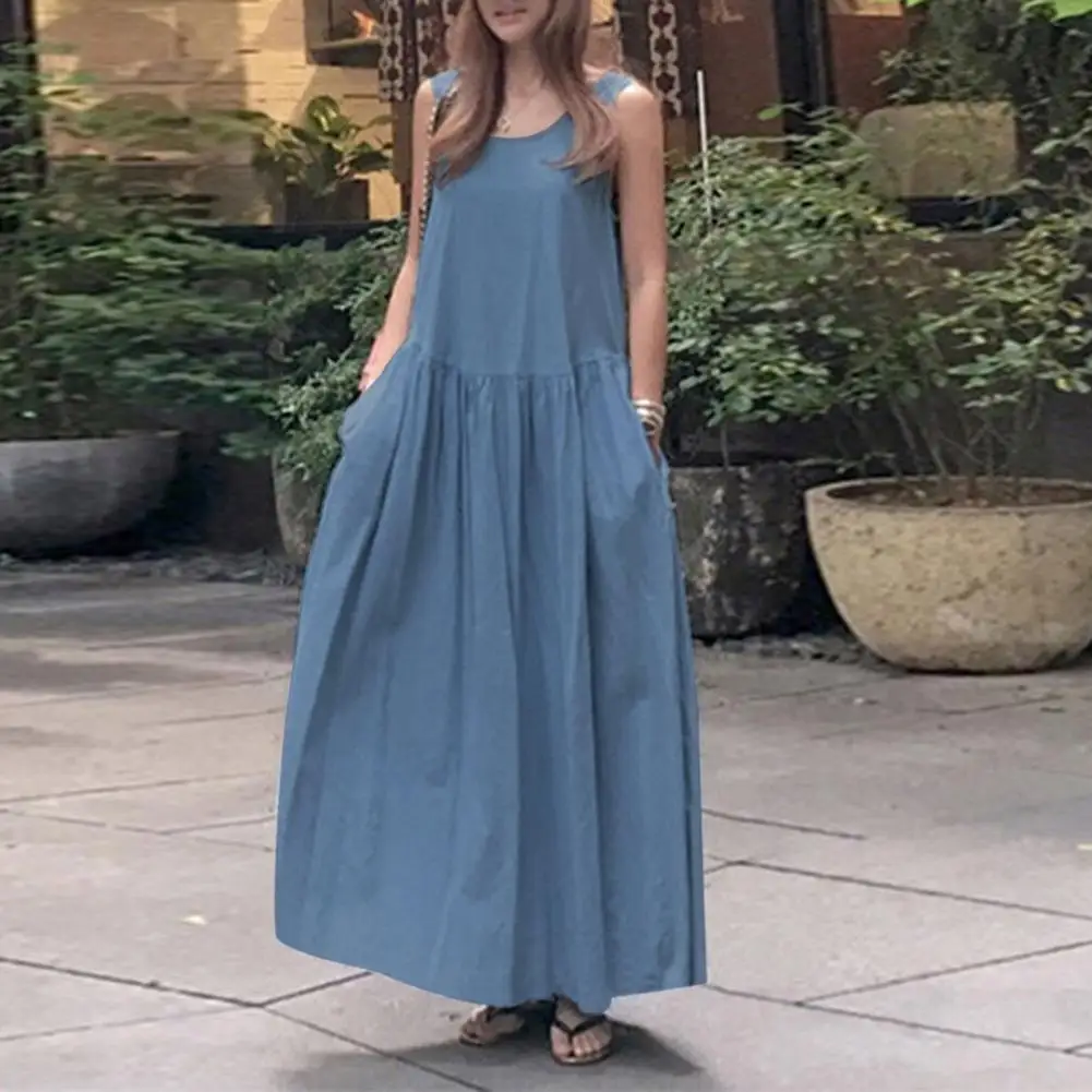 Summer O-Neck Sleeveless Vest Dress Pleated Large Hem Pockets Loose Dress Solid Color Casual Maxi Dress
Summer O-Neck Sleeveless Vest Dress Pleated Large Hem Pockets Loose Dress Solid Color Casual Maxi Dress