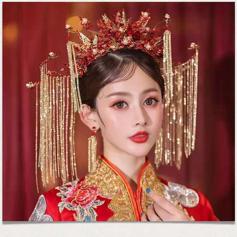 

Китайская свадебная корона для невесты, тиара, аксессуары для волос, винтажная королева для невесты, корона принцессы, свадебный головной убор Xiuhe, Нарядное украшение