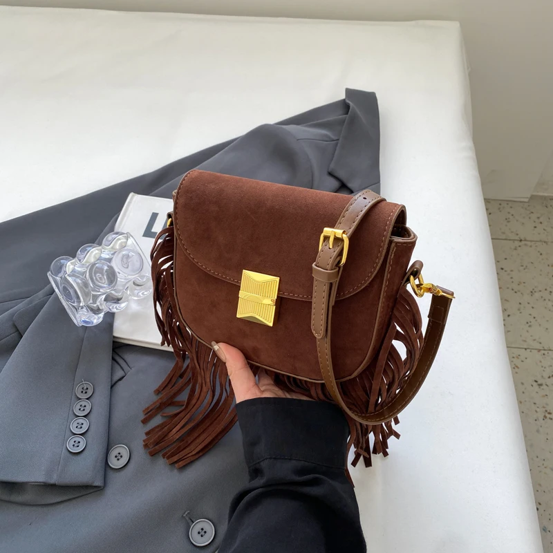 

Luxury Retro Suede Quality Leather Bags Women's Handbags Bag Vintage Fringe Tassel Flap Bag Women Shoulder Crossbody Bags Purses