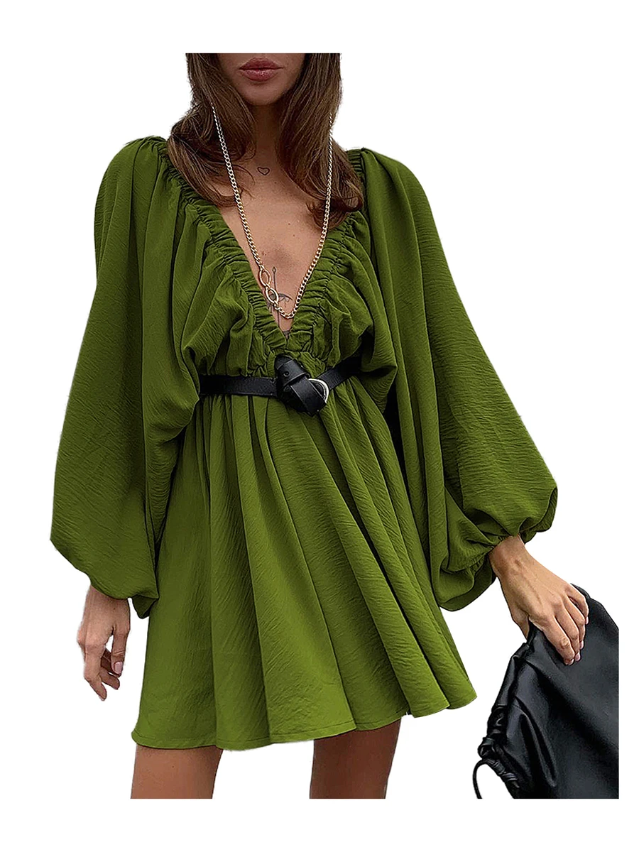 

Женское Короткое платье-трапеция, зеленое плиссированное платье с длинным рукавом и глубоким V-образным вырезом, весна-осень