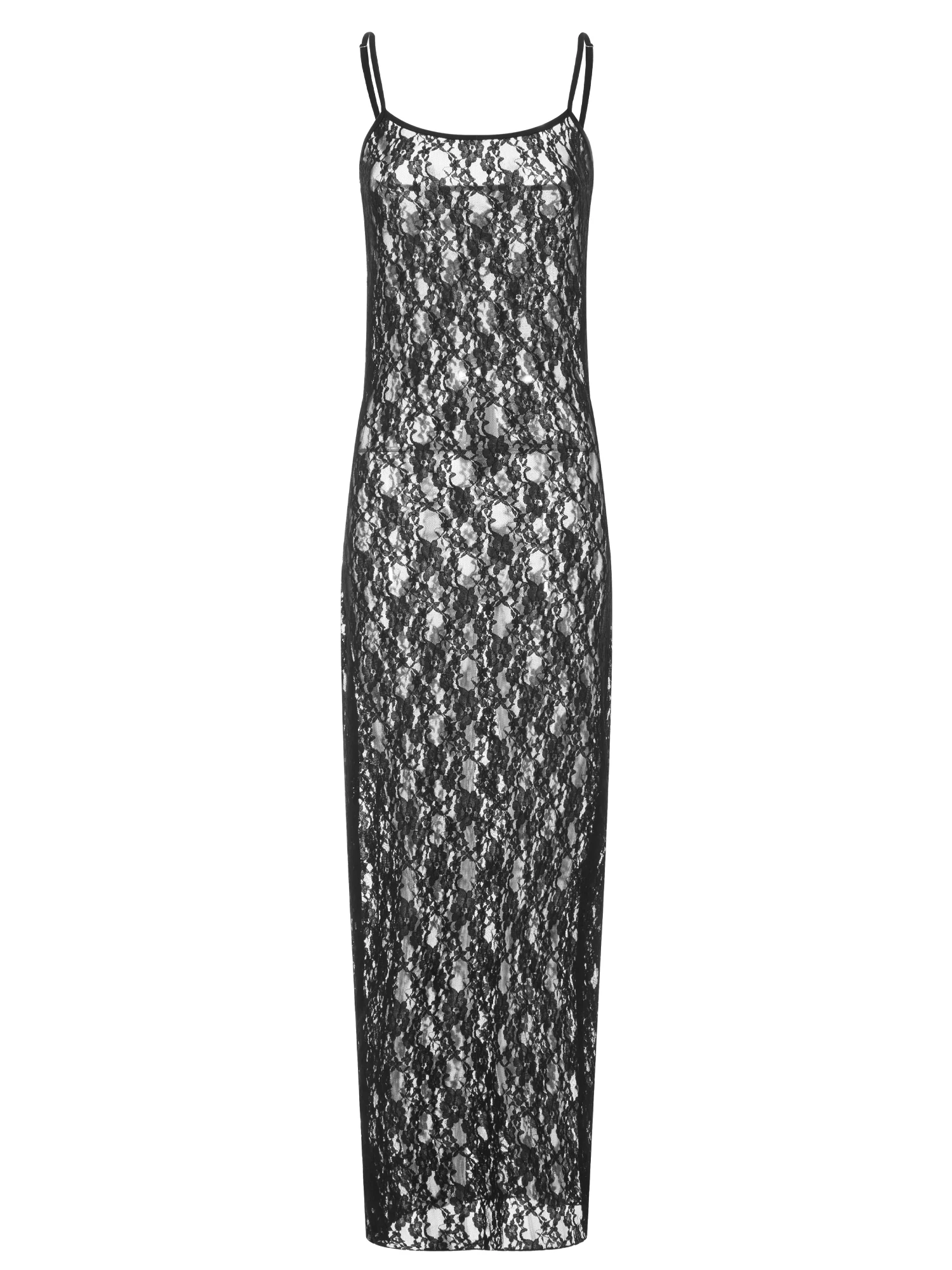 

Women s Elegant Floral Lace Maxi Dress with Sheer High Split Sleeveless V-Neckline and Ruffled Details
