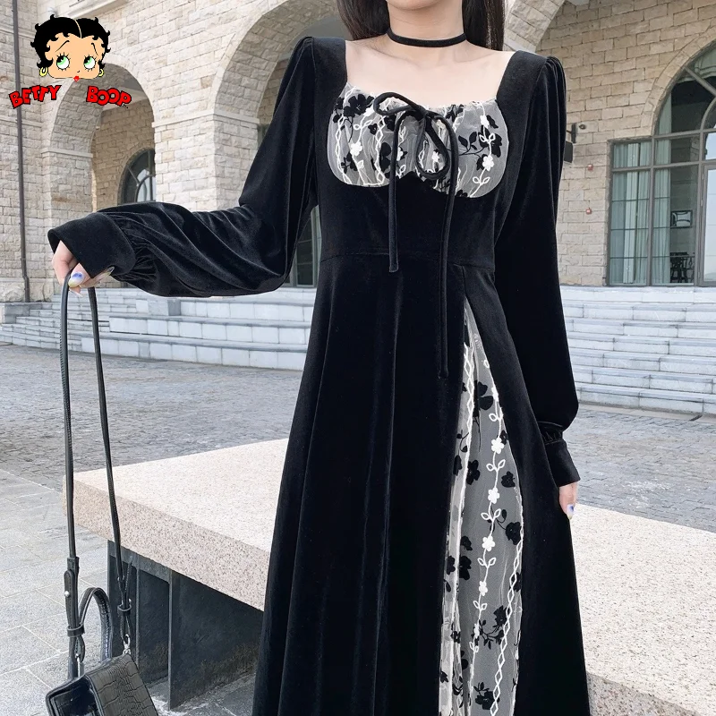 Бархатное цельное платье бетти боп, модное черное кружевное платье миди, вечернее праздничное винтажное элегантное платье с длинным рукаво... 
Бархатное цельное платье бетти боп, модное черное кружевное платье миди, вечернее праздничное винтажное элегантное платье с длинным рукаво...