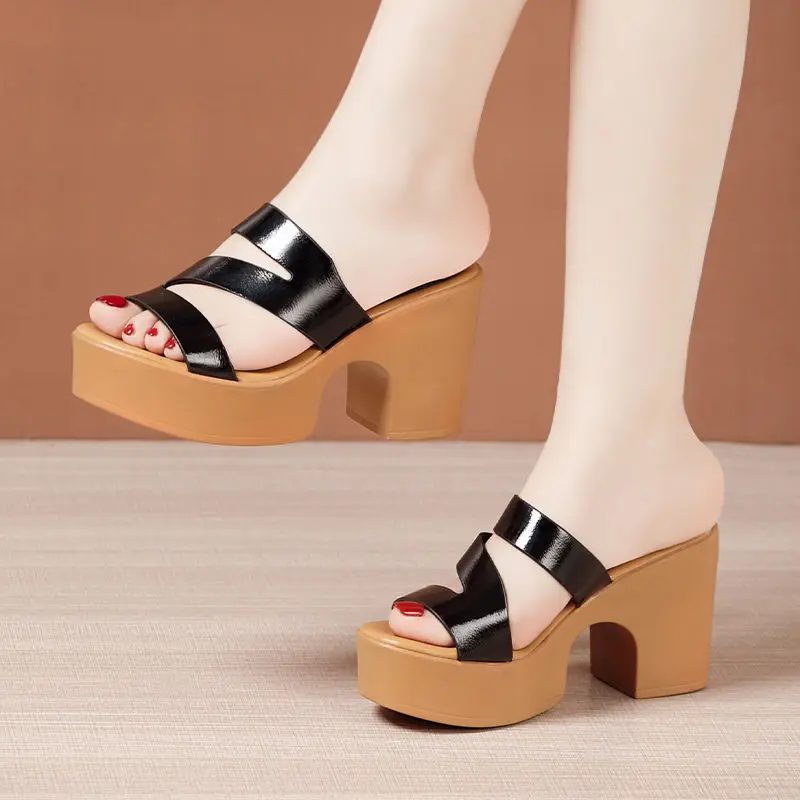 

Comfortable Thick Bottom Platform Shoes Women's Block High Heels Slippers Summer 2023 Patent Leather Slides for Office Beach Mom