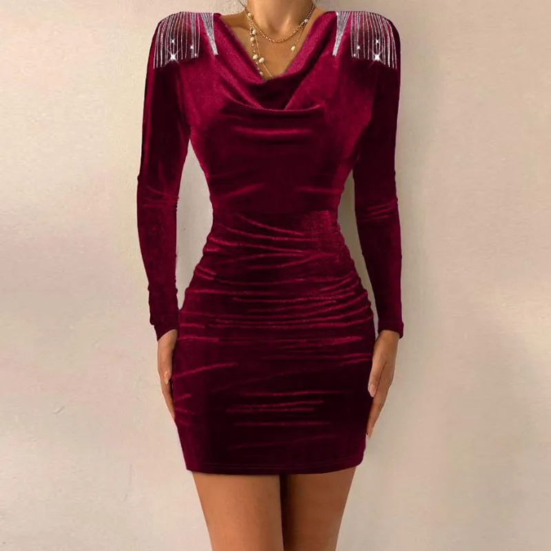 Women Sexy Shoulder Tassel Sequin Party Dress Spring Solid Soft Velvet Slim Bodycon Dress Autumn Long Sleeve Draped Hips Dresses
Women Sexy Shoulder Tassel Sequin Party Dress Spring Solid Soft Velvet Slim Bodycon Dress Autumn Long Sleeve Draped Hips Dresses