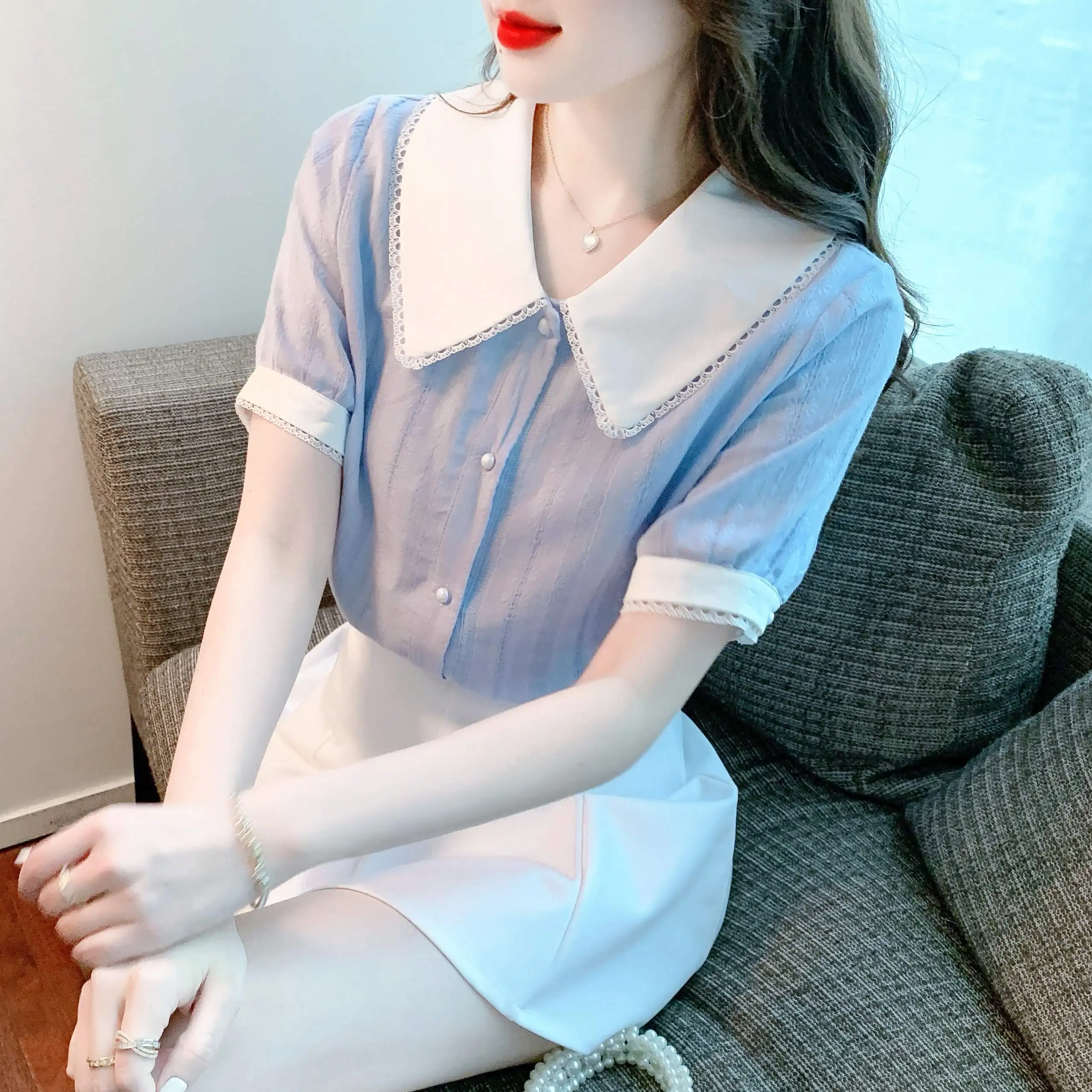 COIGARSAM Shirt Womens Tops Summer 2022 New Short Sleeve Chiffon Peter Pan Collar Panelled Women Shirts Dropshipping
COIGARSAM Shirt Womens Tops Summer 2022 New Short Sleeve Chiffon Peter Pan Collar Panelled Women Shirts Dropshipping