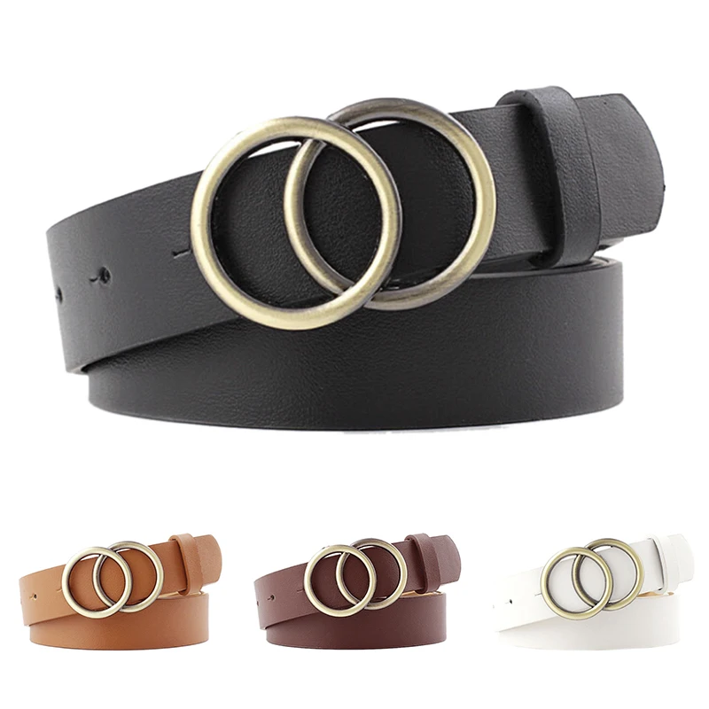 

Double Ring Belts For Women Round Metal Buckle PU Leather Dress Jeans Belt Lady Girls Fashion Waistband 4 Colors