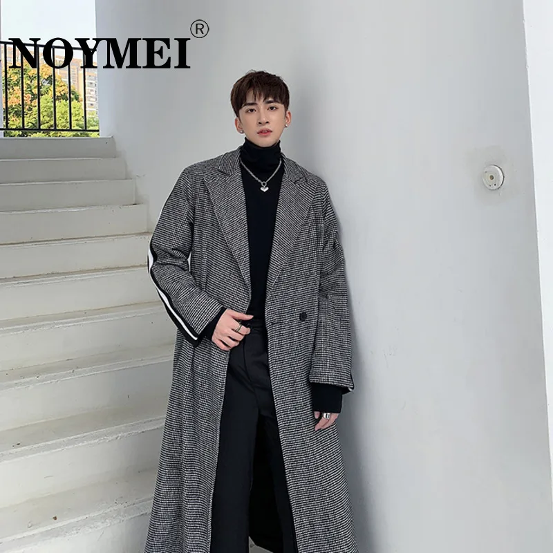 

NOYMEI Thousand Bird Checker Panel Woolen Coat Fashion All-match Mid Length Thickened Trench Patchwork Men's Windbreaker WA2592