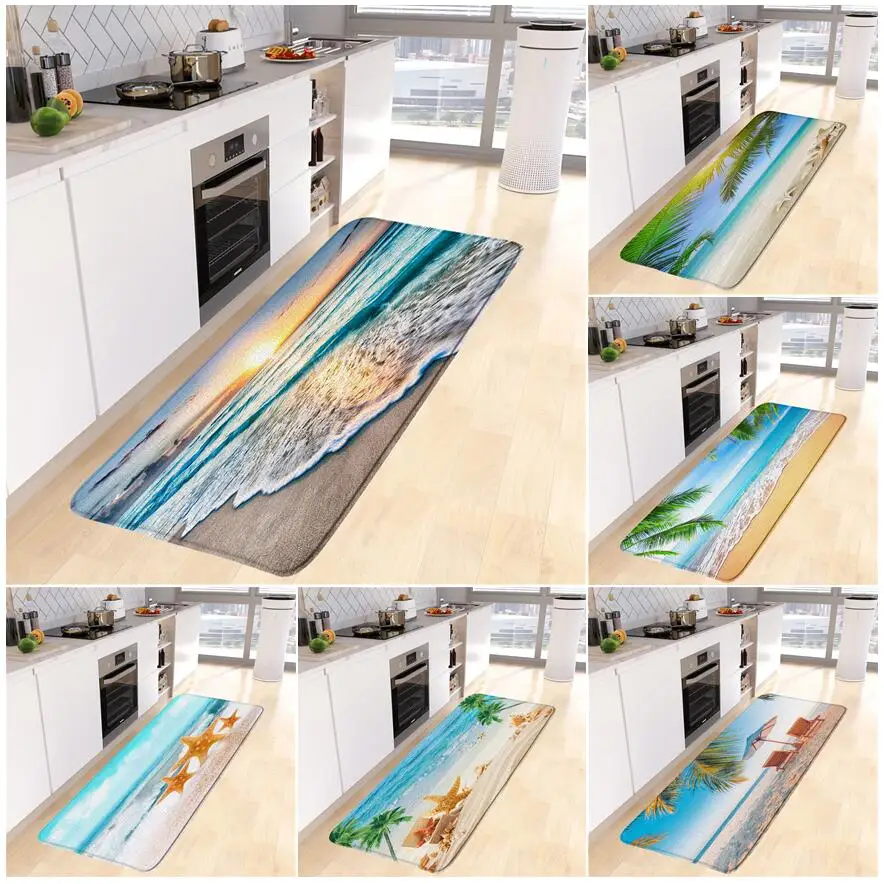 

Ocean Beach Kitchen Floor Mat Sea Waves Starfish Palm Leaves Coconut Trees Scenery Home Decor Long Carpet Non-slip Rug Bath Mats