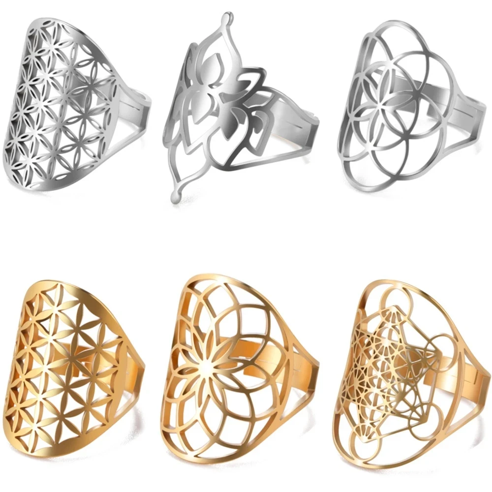 Stainless Steel Flower Of Life Ring Hollow Archangel Amulet Adjustable Finger Ring Sacred Geometry Wicca Jewelery For Women Men 
Stainless Steel Flower Of Life Ring Hollow Archangel Amulet Adjustable Finger Ring Sacred Geometry Wicca Jewelery For Women Men