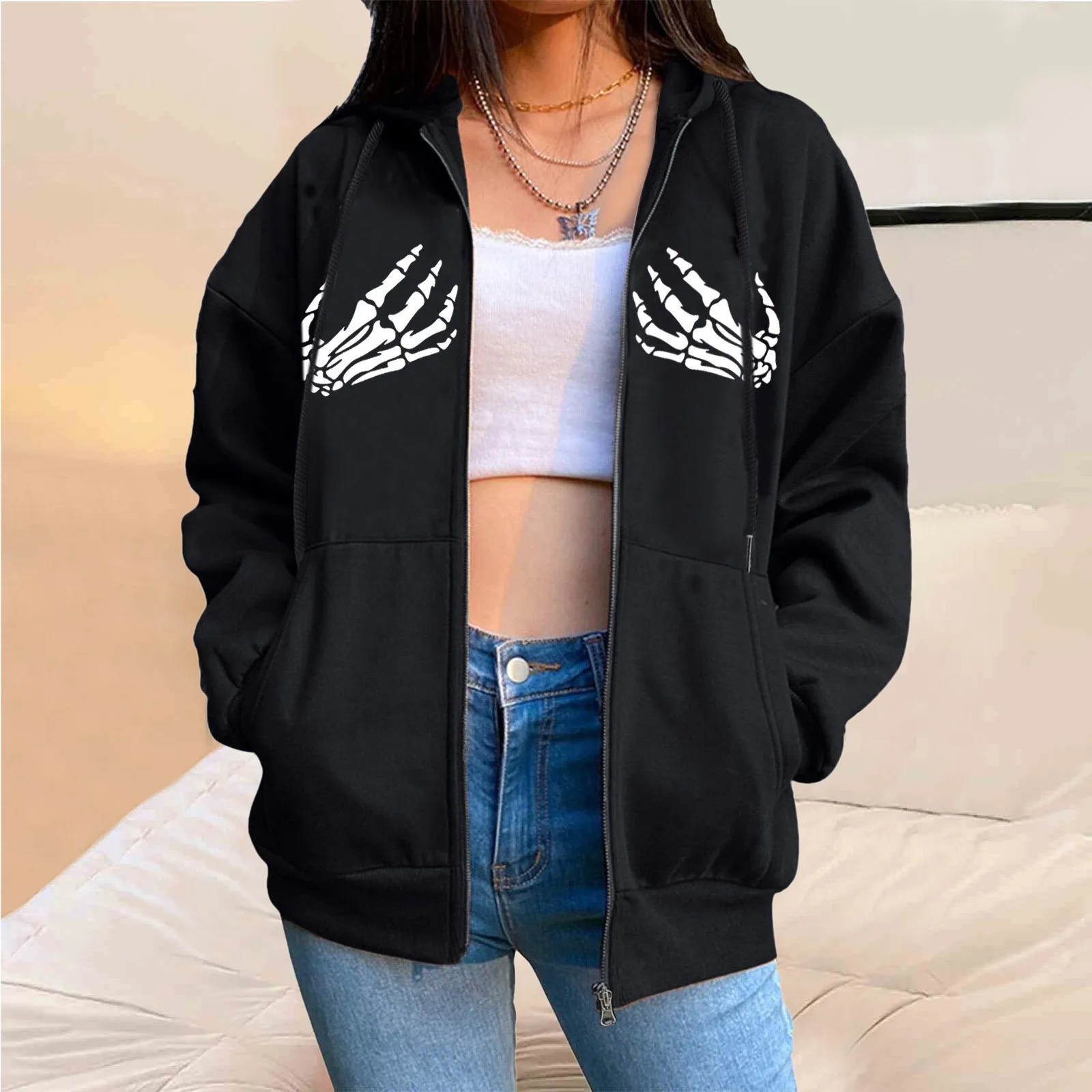 Skeleton Hands Zip Up Gothic Black Hoodies Y2k Streetwear Women Autumn Winter Oversized Sweatshirts Retro Grunge Hooded Jacket
Skeleton Hands Zip Up Gothic Black Hoodies Y2k Streetwear Women Autumn Winter Oversized Sweatshirts Retro Grunge Hooded Jacket