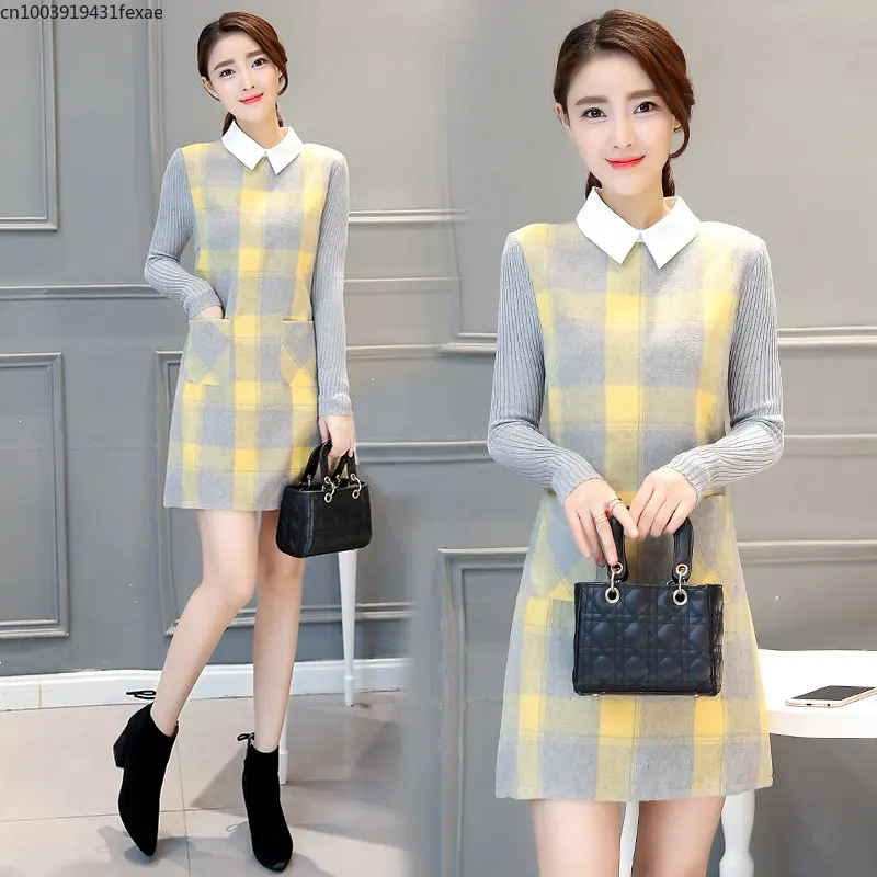 Women Autumn Winter Dress Plaid Woolen Stitching Fake Two-piece Dress Peter pan Collar Long-sleeved Sexy Mini Women Dresses
Women Autumn Winter Dress Plaid Woolen Stitching Fake Two-piece Dress Peter pan Collar Long-sleeved Sexy Mini Women Dresses