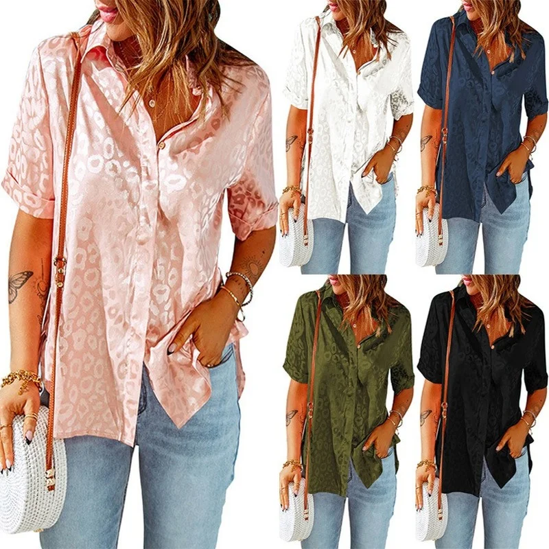 

Green Leopard Blouse Women 2022 Summer Fashion Turn-down Collar Short Sleeve White Loose Shirt Woman Casual Cardigan Button Tops