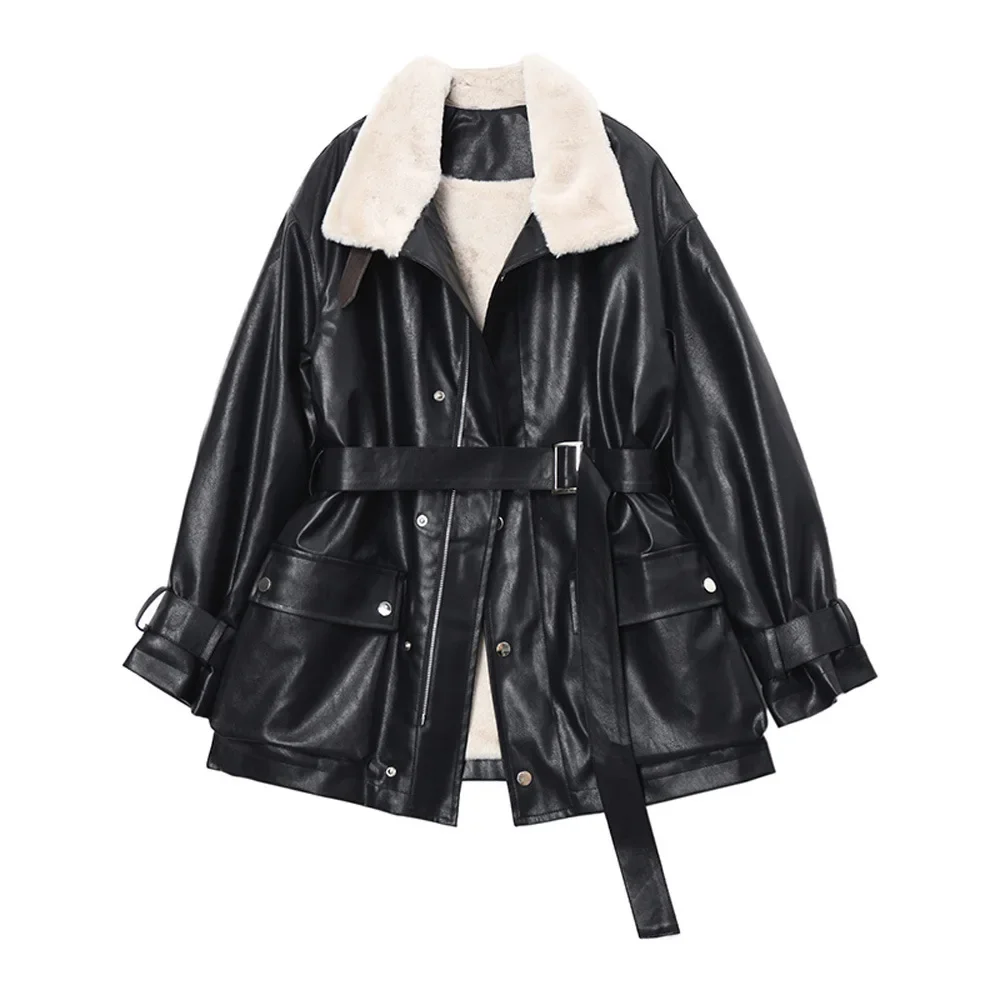 Women Black PU Leather Jacket Ladies Autumn Winter Faux Fur Velvet Thick Coat Warm Leather Motorcycle Jacket Oversize Overcoat
Women Black PU Leather Jacket Ladies Autumn Winter Faux Fur Velvet Thick Coat Warm Leather Motorcycle Jacket Oversize Overcoat