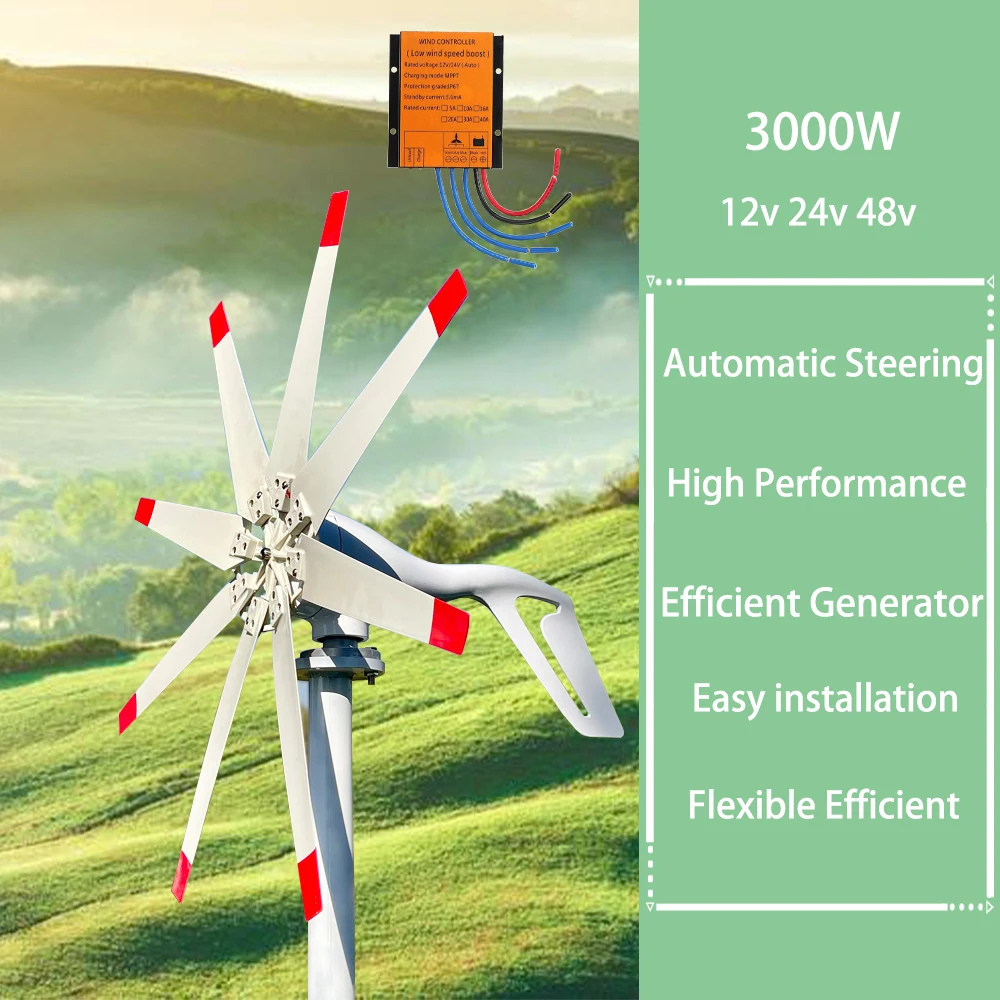 China 3000W Horizontal Wind Turbine Generator With MPPT Controller 3KW 12V 24V 48V Alternator Free Energy Windmill For Home Farm
China 3000W Horizontal Wind Turbine Generator With MPPT Controller 3KW 12V 24V 48V Alternator Free Energy Windmill For Home Farm