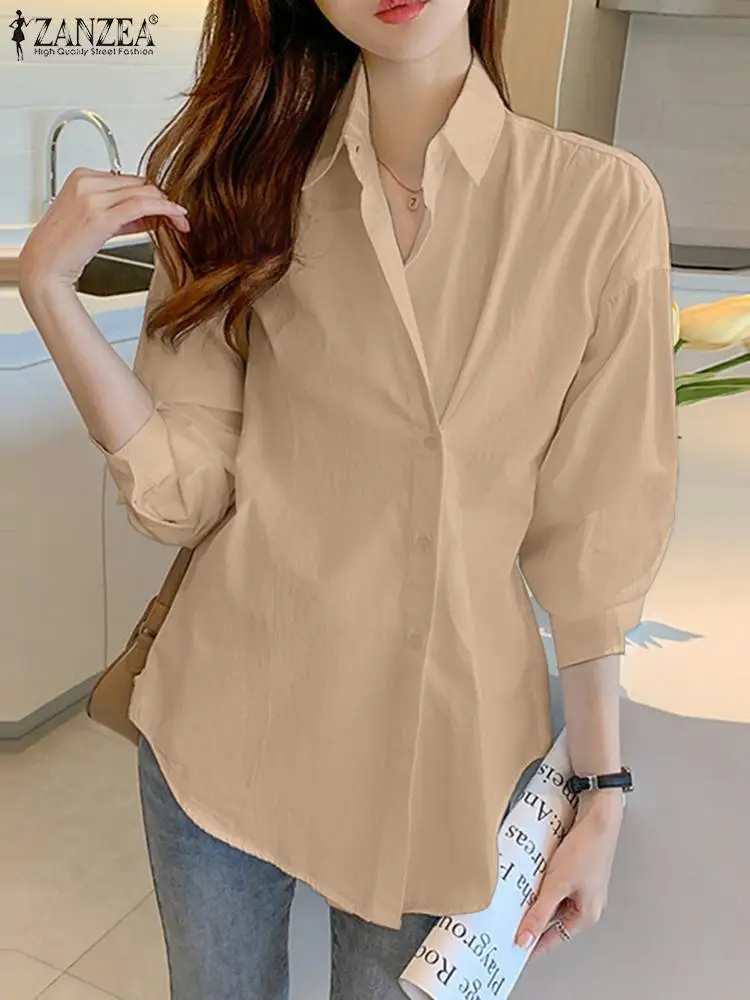 

Элегантная офисная рубашка ZANZEA, осенняя модная блузка с длинным рукавом, женские свободные топы с пуговицами, манжетами и отворотом, женские повседневные однотонные Блузы