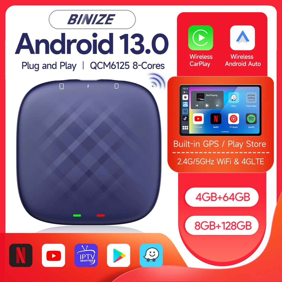 Binize Android 13.0 CarPlay Ai Box QCM6125 8G + 128G Беспроводной Auto и 4G LTE для OEM проводной