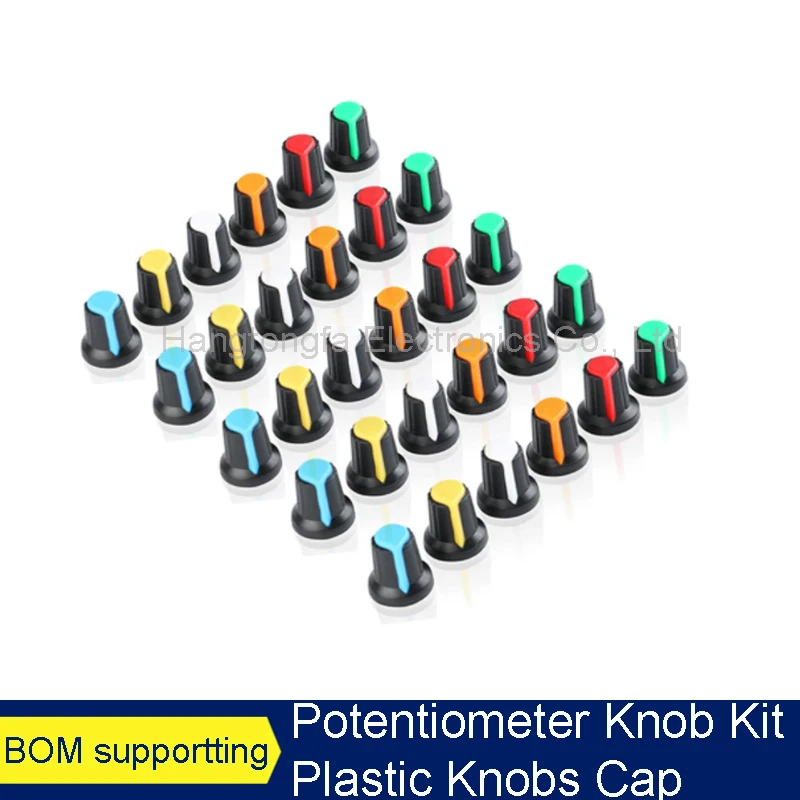 30PCS/Lot WH148 Potentiometer Knob Kit Plastic Knobs Cap 6mm Shaft Hole AG2 Yellow Orange Blue White Red 5value*6PCS=30PCS
30PCS/Lot WH148 Potentiometer Knob Kit Plastic Knobs Cap 6mm Shaft Hole AG2 Yellow Orange Blue White Red 5value*6PCS=30PCS