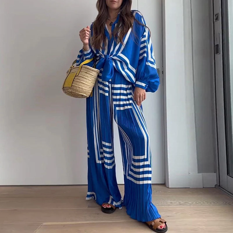 Elegant Lapel Lantern Long Sleeve Tops+Wide Leg Pants Outfits Fashion Striped Print Beach Suit Loose Set Women Casual Shirt Suit
Elegant Lapel Lantern Long Sleeve Tops+Wide Leg Pants Outfits Fashion Striped Print Beach Suit Loose Set Women Casual Shirt Suit