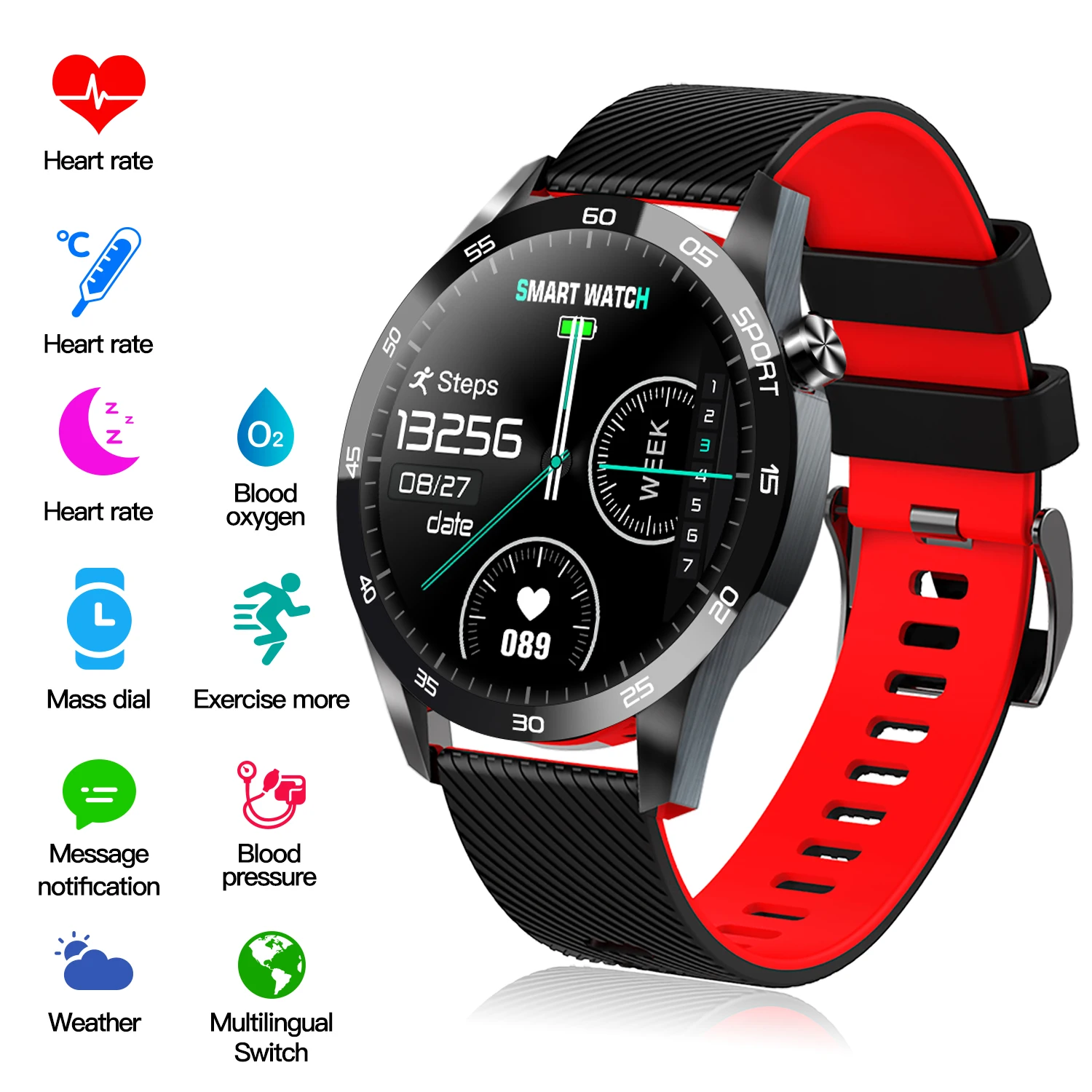 F22L Smart Heart Rate bracelet Measuring temperature Blood oxygen blood pressure monitoring Exercise smart watch Men smartwatch
F22L Smart Heart Rate bracelet Measuring temperature Blood oxygen blood pressure monitoring Exercise smart watch Men smartwatch