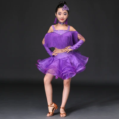 

1set /lot chidren tassel ballroom dancing dresses skirt and tassel top kids fringe children professional latin dance clothing