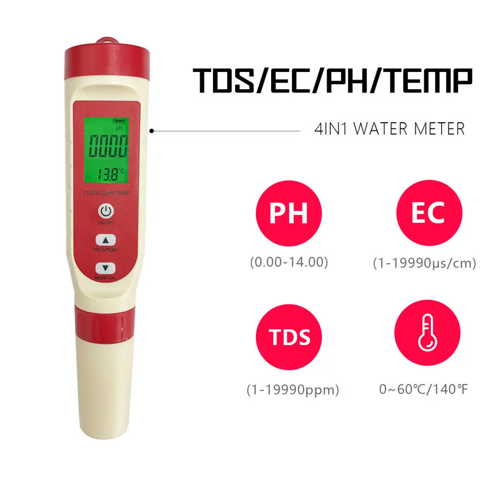 4 in 1 PH Meter PH/TDS/EC/Temperature Meter Digital Water Quality Monitor Tester for Pools Drinking Water Aquariums
4 in 1 PH Meter PH/TDS/EC/Temperature Meter Digital Water Quality Monitor Tester for Pools Drinking Water Aquariums