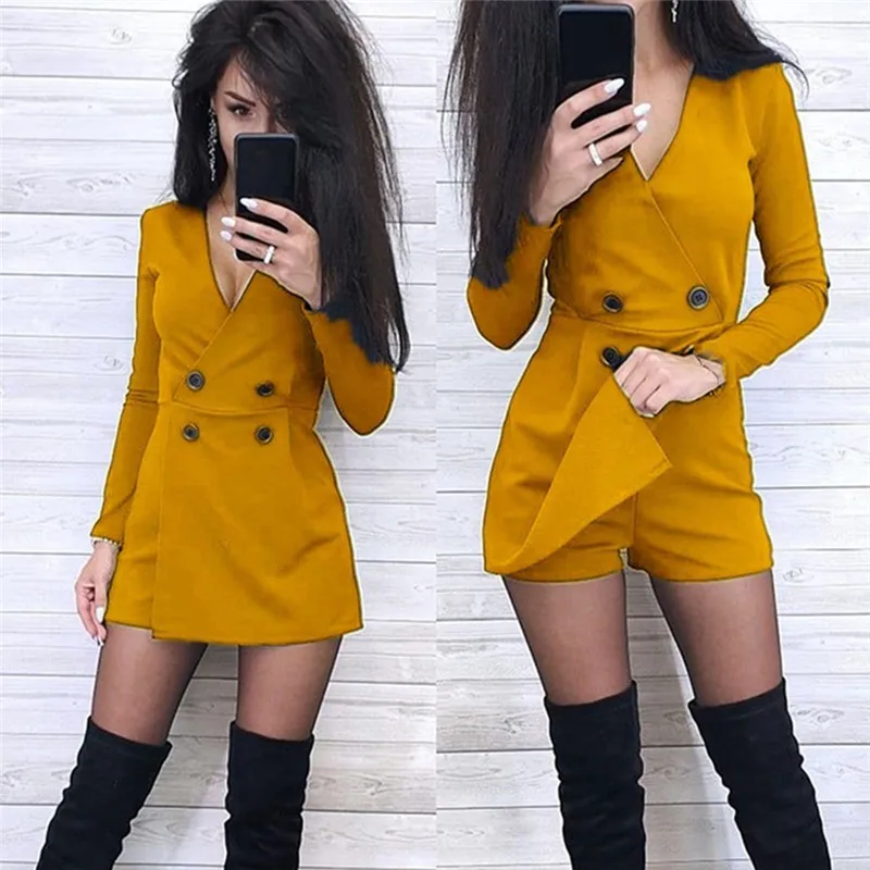 Solid V-neck Long Sleeve Women's Playsuit Front Split Double-breasted Wide Leg Short Jumpsuit Women Summer Skinny Casual Romper
Solid V-neck Long Sleeve Women's Playsuit Front Split Double-breasted Wide Leg Short Jumpsuit Women Summer Skinny Casual Romper