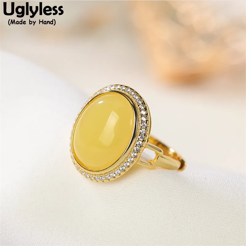 

Uglyless Natural Amber Beeswax Rings for Women Oval Gemstone Elegant Dress Jewelry Sparkly Crystals Rings Gold 925 Silver Bijoux