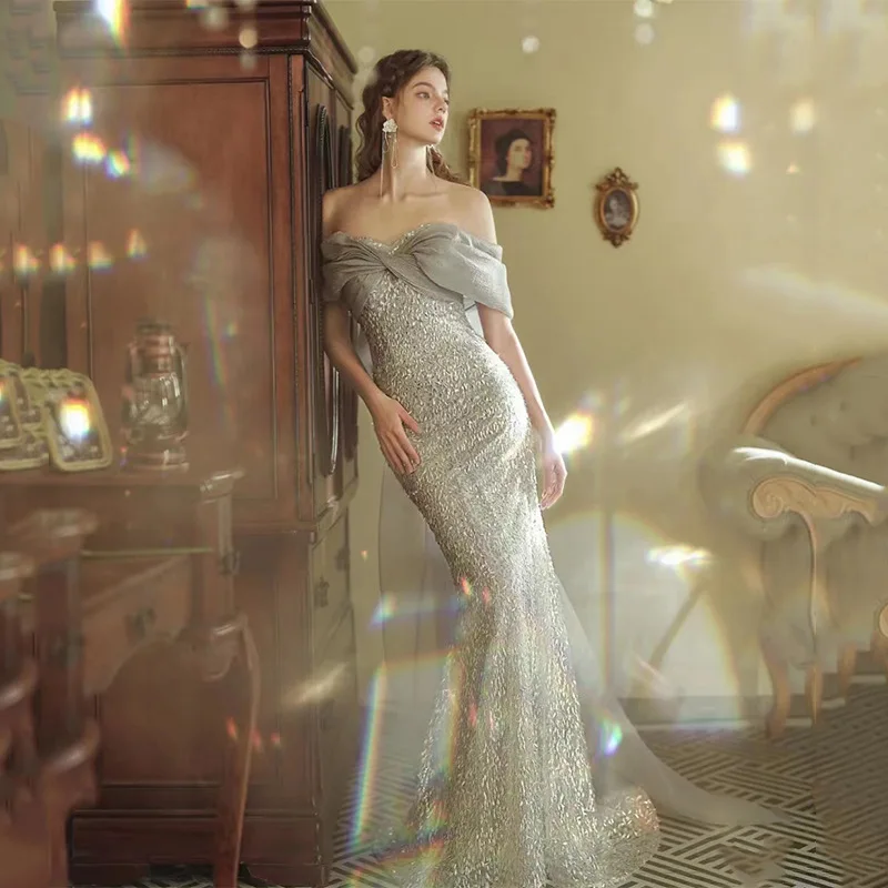 Luxury Beading Prom Dresses Mermaid Glitter Vintage Off The Shoulder Detachable Bow Train Bridal Silver Gray Evening Gowns 2023
Luxury Beading Prom Dresses Mermaid Glitter Vintage Off The Shoulder Detachable Bow Train Bridal Silver Gray Evening Gowns 2023