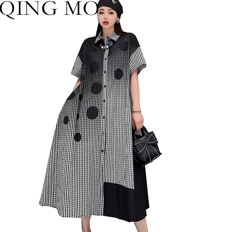 

QING MO Woman Large Size Dress 2023 Summer The New Mid-length Fashion Leisure Lattice Polka Dots Pattern Gradient Dress LHX171A