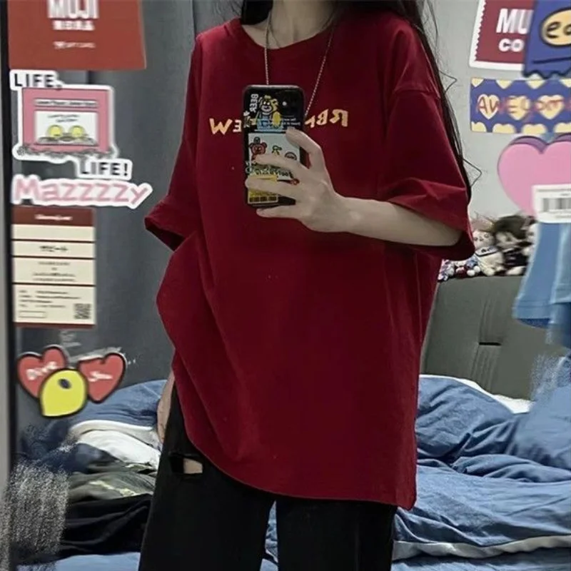 Женские красные футболки с буквенным принтом DAYIFUN, летние свободные футболки с круглым вырезом и футболки с коротким рукавом 
Женские красные футболки с буквенным принтом DAYIFUN, летние свободные футболки с круглым вырезом и футболки с коротким рукавом