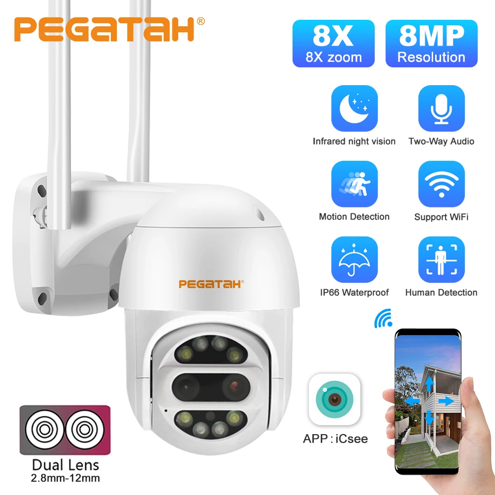 PEGATAH 8MP 4K Dual Lens WiFi PTZ Camera 8X Zoom AI Human Detection H.265 Outdoor Home Security Video Surveillance Camera ICsee
PEGATAH 8MP 4K Dual Lens WiFi PTZ Camera 8X Zoom AI Human Detection H.265 Outdoor Home Security Video Surveillance Camera ICsee