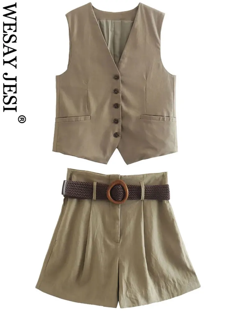 

WESAY JESI Solid Brown Sleeveless Vest Single-breasted Casual Commuter Temperament Coat Women + Belt Daily Pocket Senior Shorts