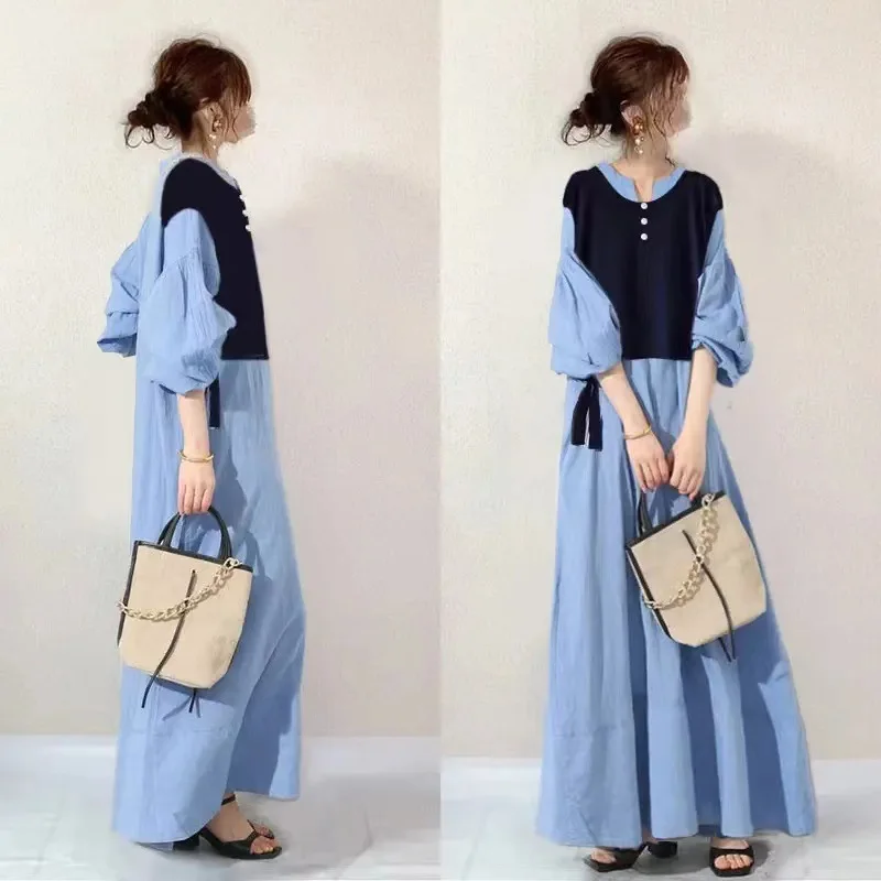 Dress 2023 New Women's Fake Two Piece Japanese Loose Long Dress Autumn Fashion Knit Patchwork A-Line Maxi Skirt Lantern Sleeve
Dress 2023 New Women's Fake Two Piece Japanese Loose Long Dress Autumn Fashion Knit Patchwork A-Line Maxi Skirt Lantern Sleeve