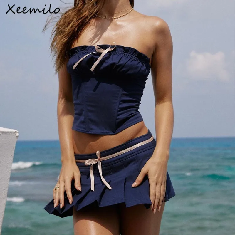 Xeemilo Y2K Vintage Strapless Ruched Slim Tank Top With Bow Lace Up Low-waist Pleated Skirt Summer Korean Chic Women 2 Piece Set
Xeemilo Y2K Vintage Strapless Ruched Slim Tank Top With Bow Lace Up Low-waist Pleated Skirt Summer Korean Chic Women 2 Piece Set