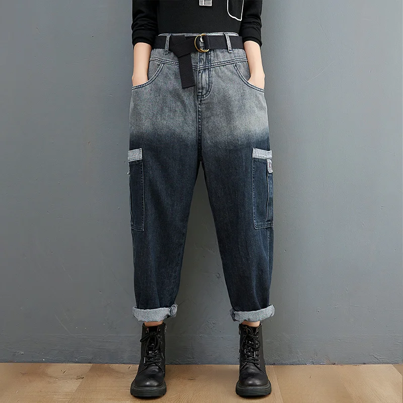 #2250 Spring Autumn High Waist Harem Jeans Women Gradient Color Cargo Jeans Femme Side Pockets Ankle-length Denim Jeans Belt
#2250 Spring Autumn High Waist Harem Jeans Women Gradient Color Cargo Jeans Femme Side Pockets Ankle-length Denim Jeans Belt
