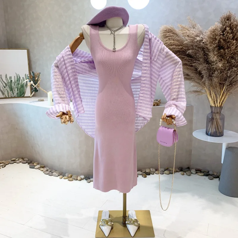Niche Design New Women 2022 Autumn Purple Square Neck Knitted Vest Long Dress Simple Loose Versatile Shirt two-piece Set 
Niche Design New Women 2022 Autumn Purple Square Neck Knitted Vest Long Dress Simple Loose Versatile Shirt two-piece Set