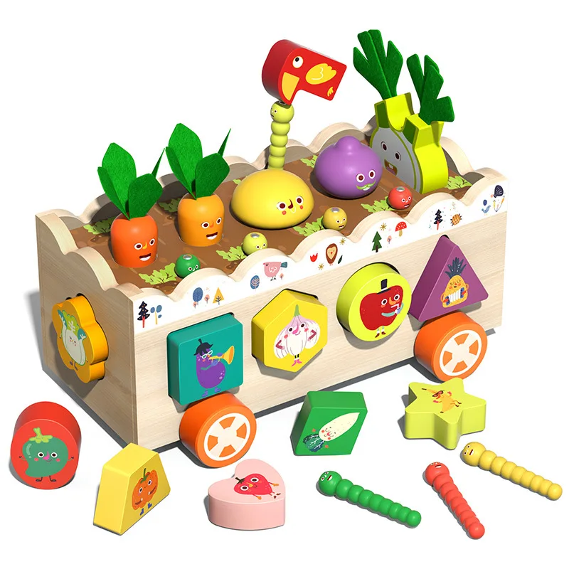 

Baby Montessori Wooden Toy Farm Shape Matching Pull Radish Set Kids Fishing Catch Insects Educational Toys Gift