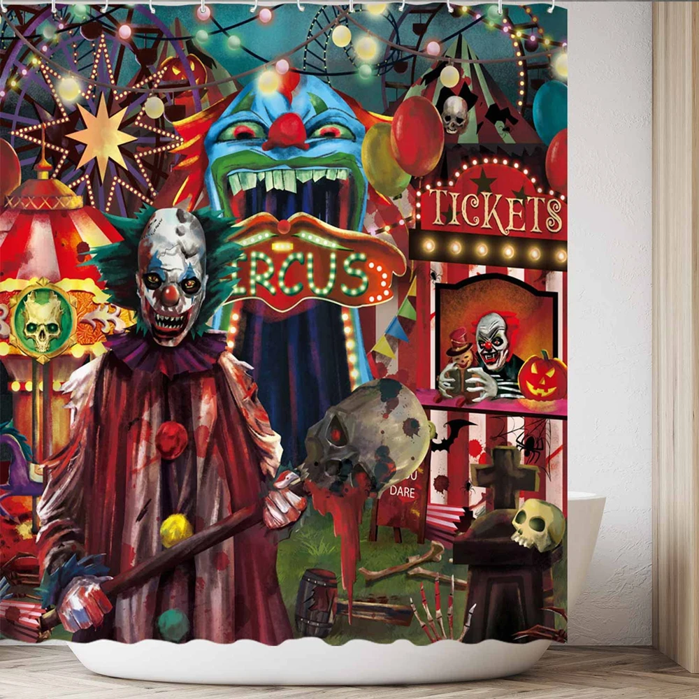 Halloween Eve Circus Shower Curtain Clown Creepy Carnival Haunted House Bathtubs Bathroom Curtains Set Washable Fabric Bath Sets
Halloween Eve Circus Shower Curtain Clown Creepy Carnival Haunted House Bathtubs Bathroom Curtains Set Washable Fabric Bath Sets
