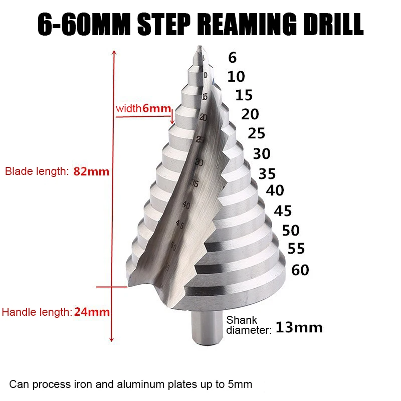 Large Size Cone Step Drill Bit 6/60mm Spiral Groove Hard For Metal Plastic Hole Cutter Drilling Tool Punch Conical Drill Device
Large Size Cone Step Drill Bit 6/60mm Spiral Groove Hard For Metal Plastic Hole Cutter Drilling Tool Punch Conical Drill Device