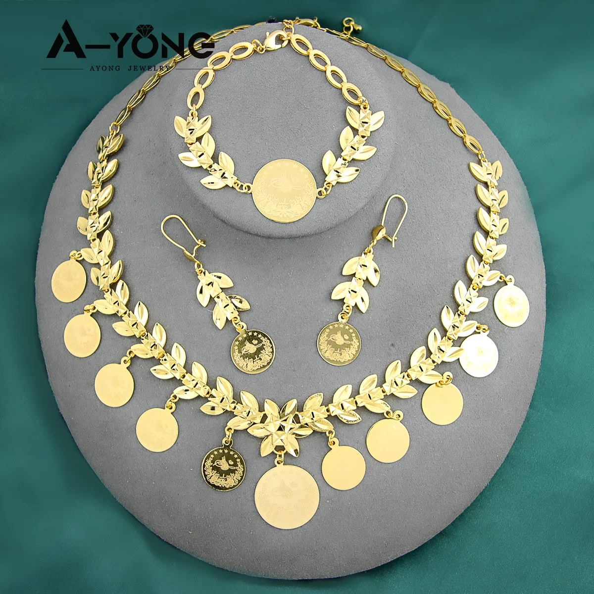 AYONG Dubai Gold Plated Jewelry Set 21k Tassel Coin Necklace Pendant Earrings Bracelet Set Vintage Gold Color Jewelry Set
AYONG Dubai Gold Plated Jewelry Set 21k Tassel Coin Necklace Pendant Earrings Bracelet Set Vintage Gold Color Jewelry Set
