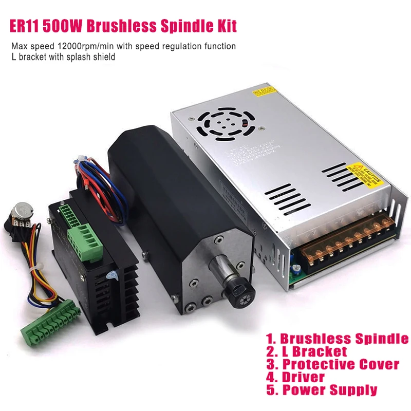 ER11 CNC 500W DC Brushless Spindle Motor 12000rpm Air Cooled Spindle with L Bracket and Driver Power Supply Speed Governor
ER11 CNC 500W DC Brushless Spindle Motor 12000rpm Air Cooled Spindle with L Bracket and Driver Power Supply Speed Governor